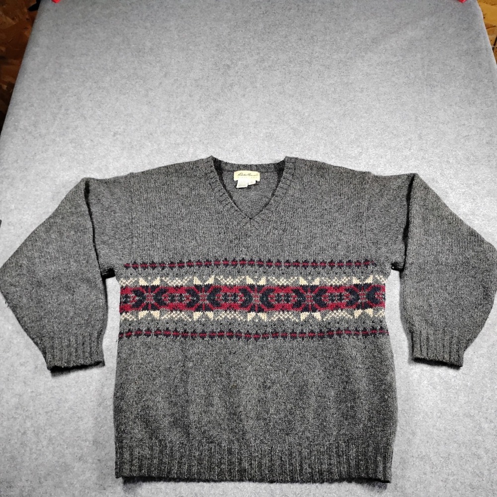 Eddie Bauer Mens Vintage 90s Wool V-Neck Fair Isle Sweater Gray Made in USA Med
